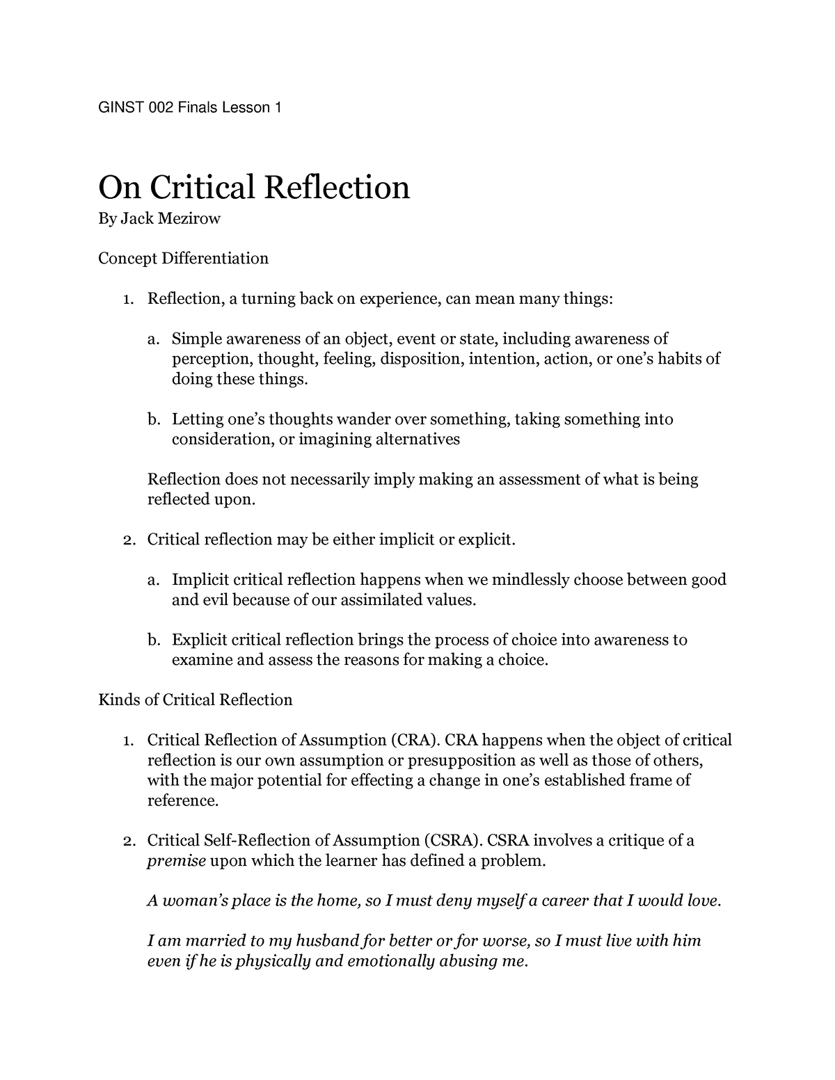 critical thinking reflection gcu