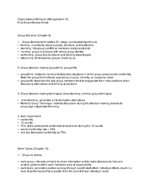 Organizational Behavior (MAN 12) Notes 10 - Organizational Behavior ...