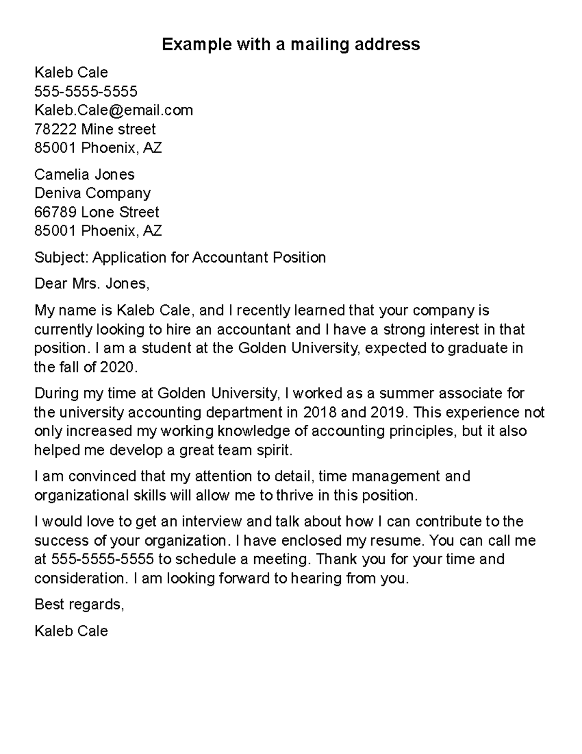 Cover Letter Examples for mailing and email - Example with a mailing ...