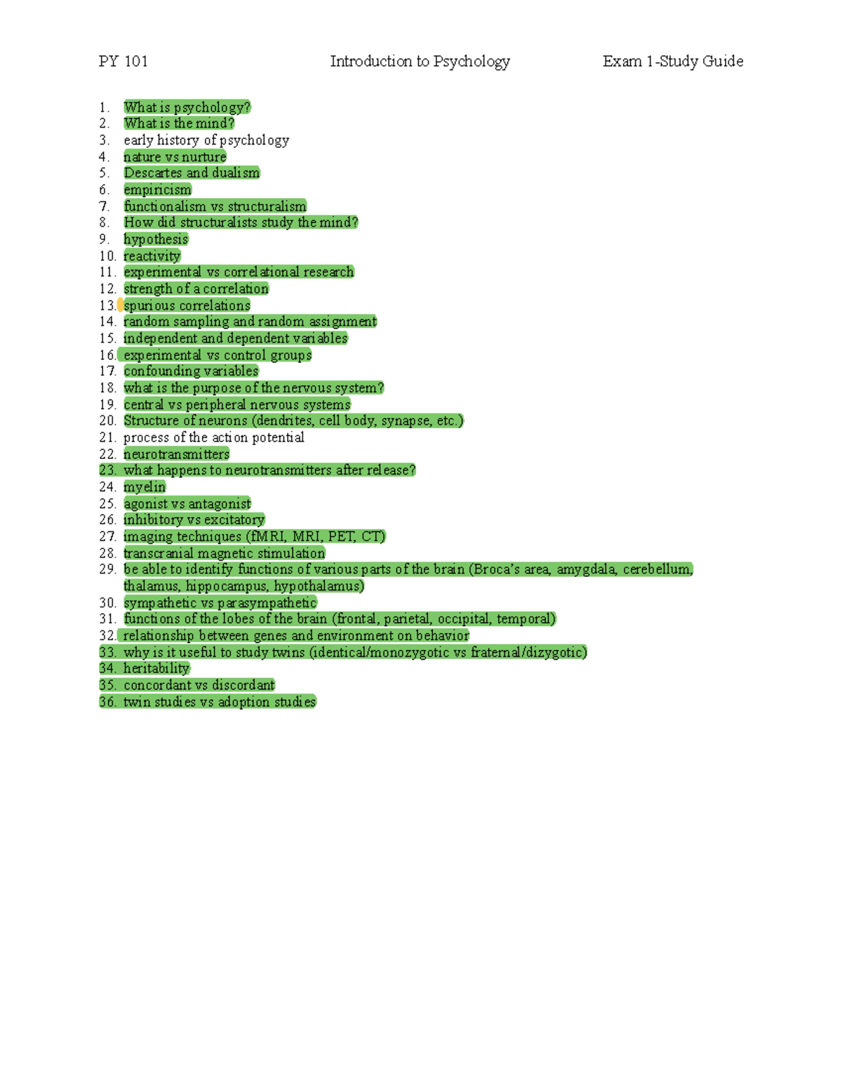 101 Exam 1 Study Guide - key terms and concepts on exam 1 - PY 101 ...
