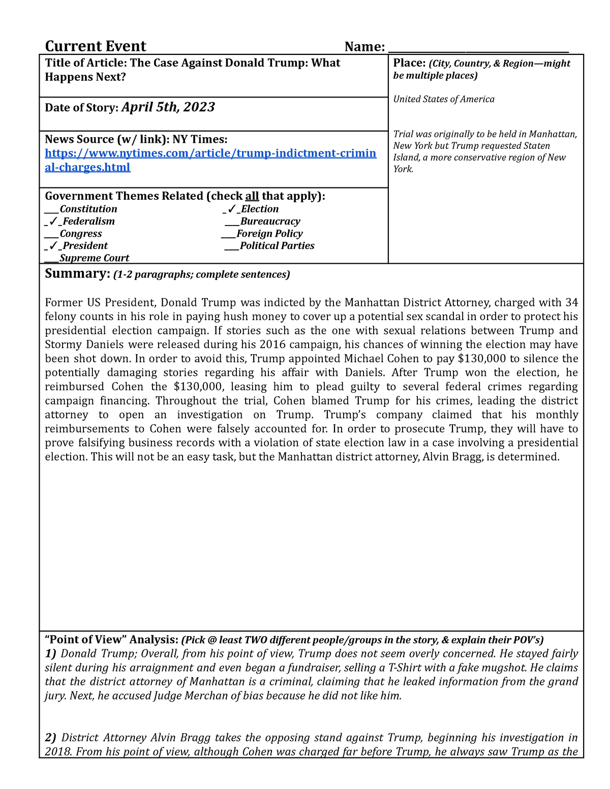 AP Government Current Events Template Current Event Name