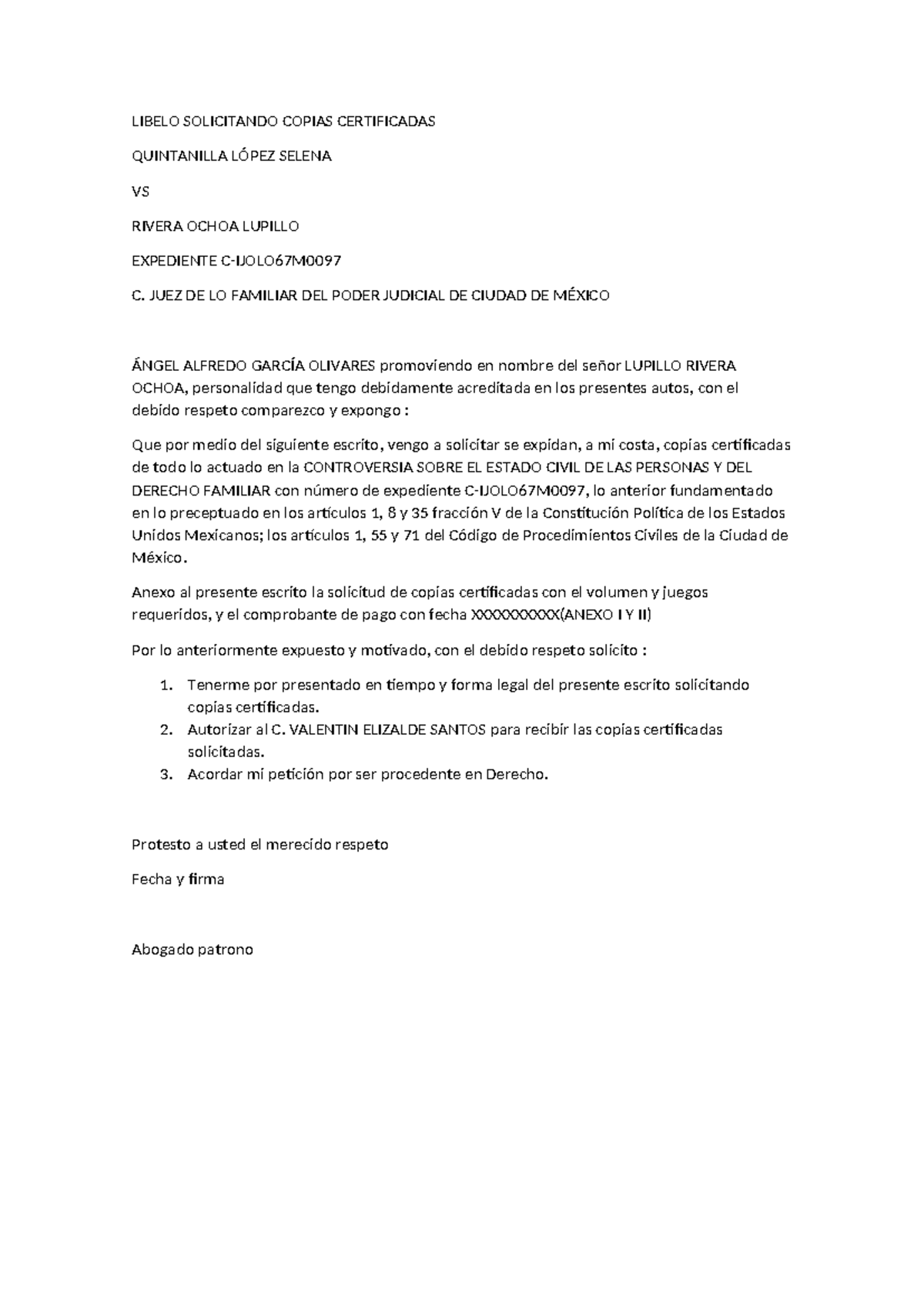 Libelo Solicitando Copias Certificadas - LIBELO SOLICITANDO COPIAS ...