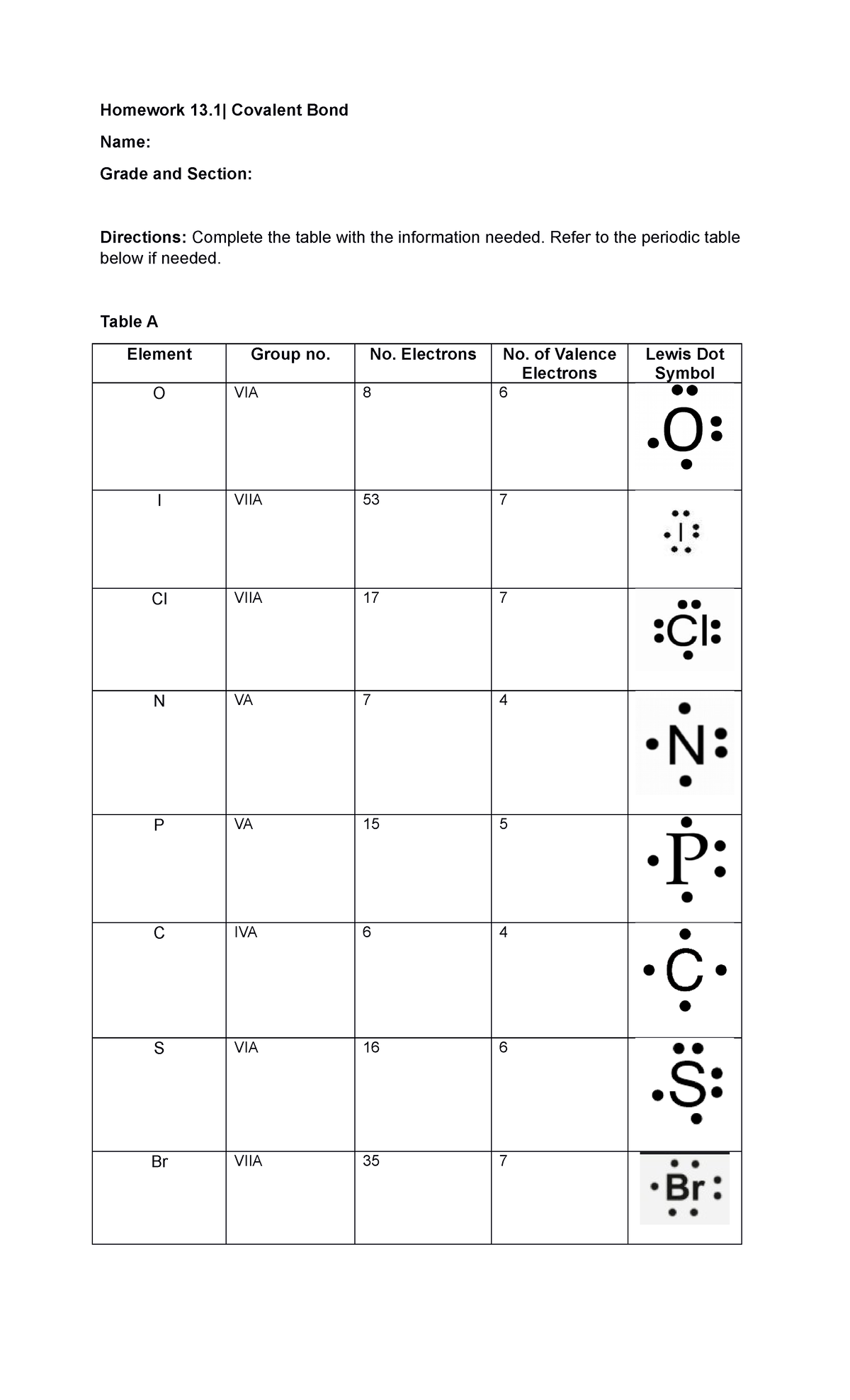 Covalent Bond - asdasdasdasd - Homework 13| Covalent Bond Name: Grade ...