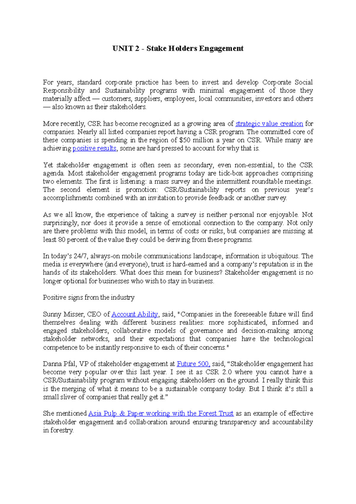 UNIT 2 - Study Materials - UNIT 2 - Stake Holders Engagement For years ...