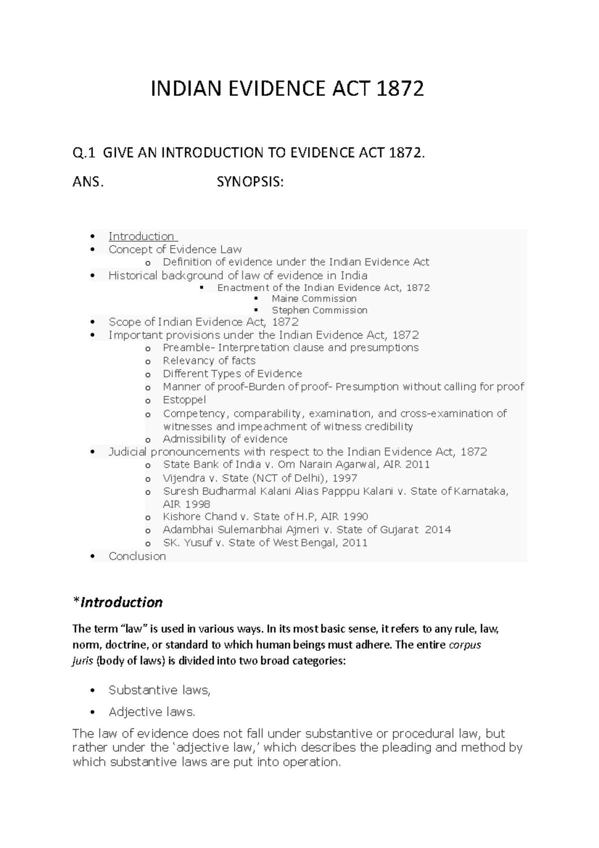 Evidence Act Notes Indian Evidence Act Q Give An Introduction To