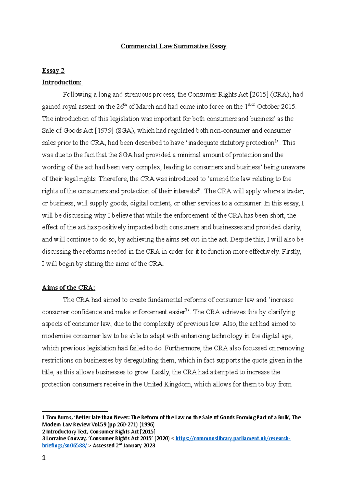 Commercial Law Summative Essay - The introduction of this legislation ...