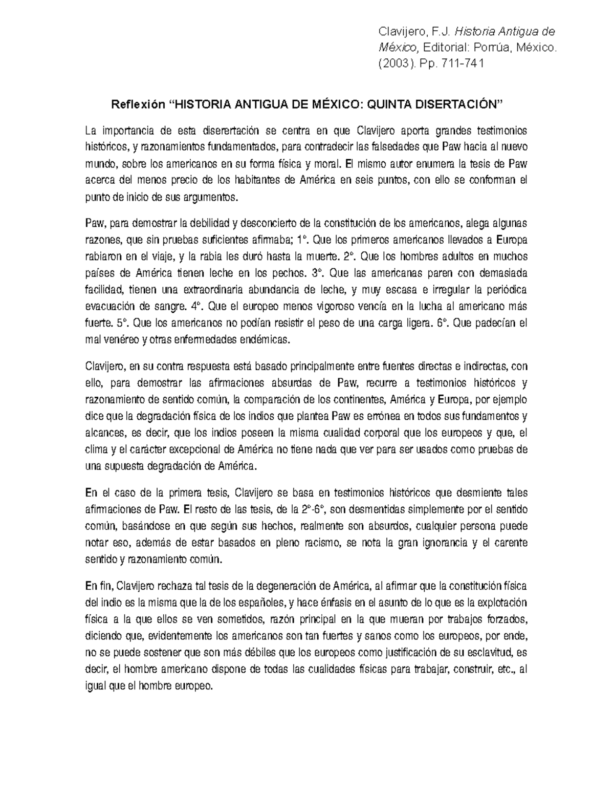 Reflexion Historia Antigua De Mexico Clavijero F J Historia Antigua De Mexico Editorial Studocu