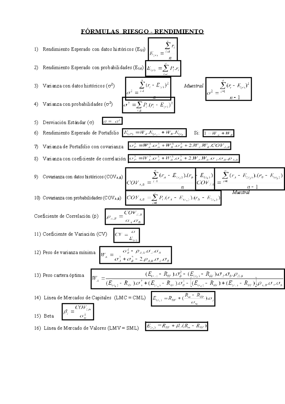 Formulario riesgo - rendimiento - FÓRMULAS RIESGO - RENDIMIENTO ...