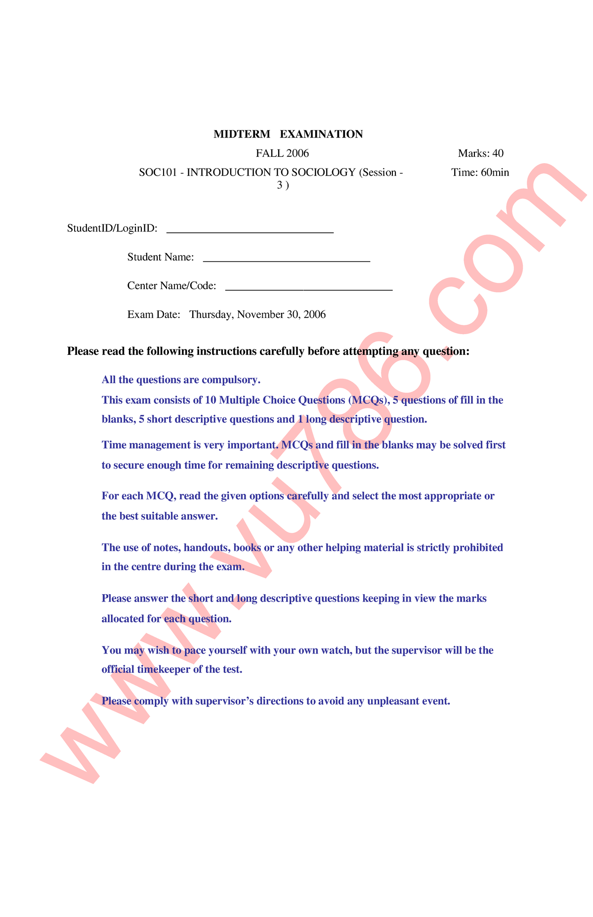 Soc101 mid term 2 www - MIDTERM EXAMINATION FALL 2006 Marks: 40 SOC101 ...