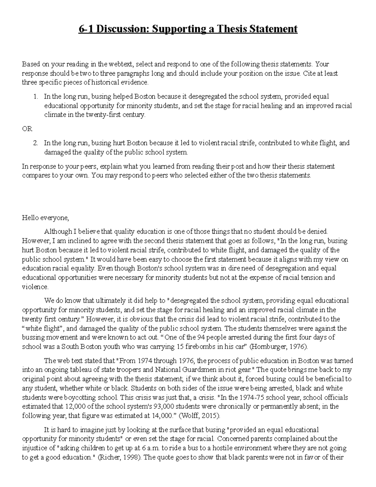 6 1 Discussion Supporting a Thesis Statement - 6-1 Discussion ...