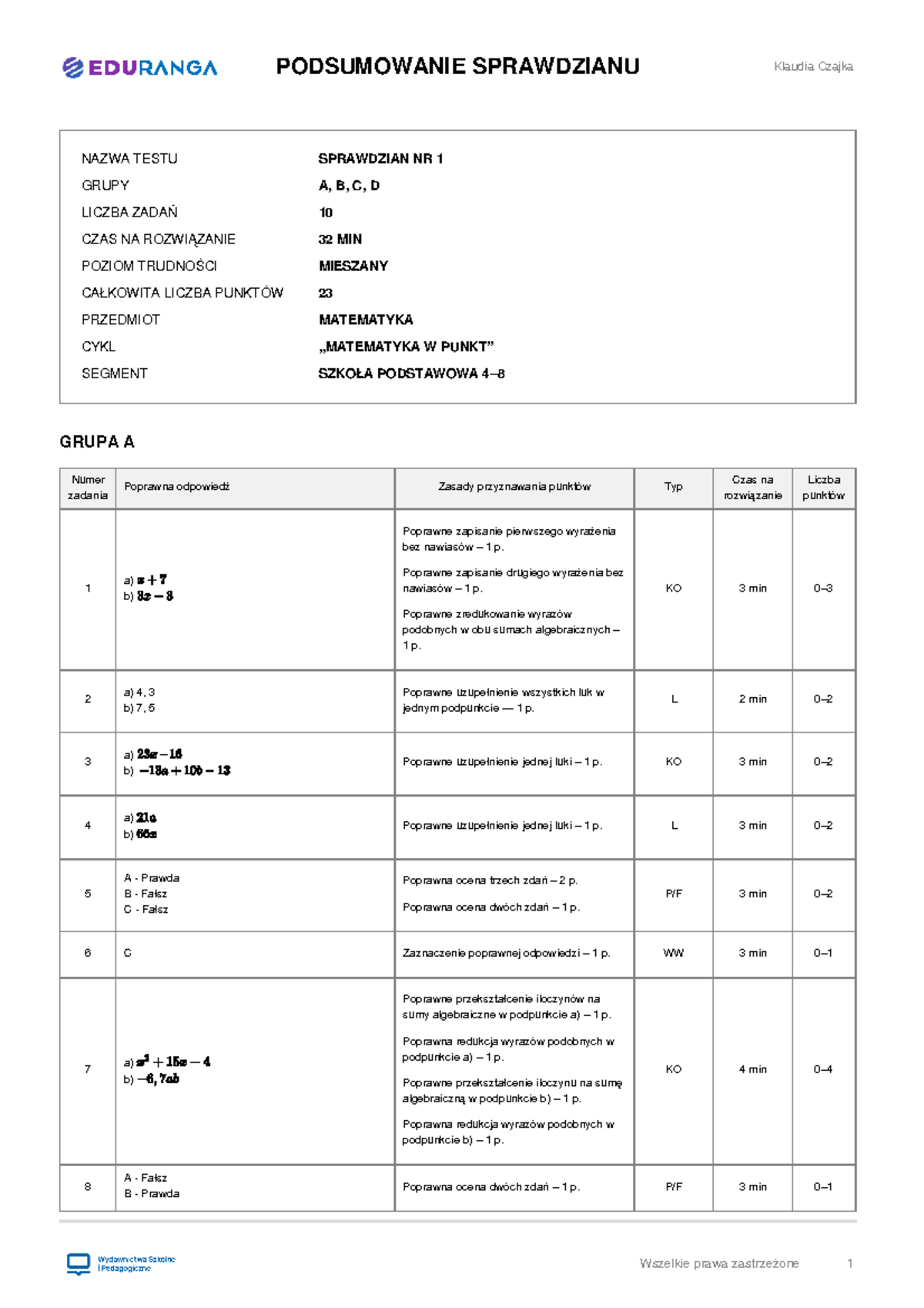 Odpowiedzi - materiały - Klaudia Czajka NAZWA TESTU SPRAWDZIAN NR 1