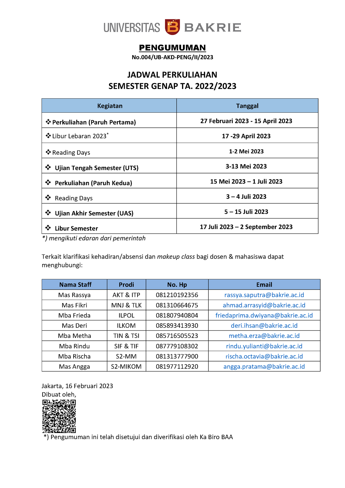 004. Jadwal Perkuliahan Semester Genap 2022-2023 - PENGUMUMAN No/UB-AKD ...