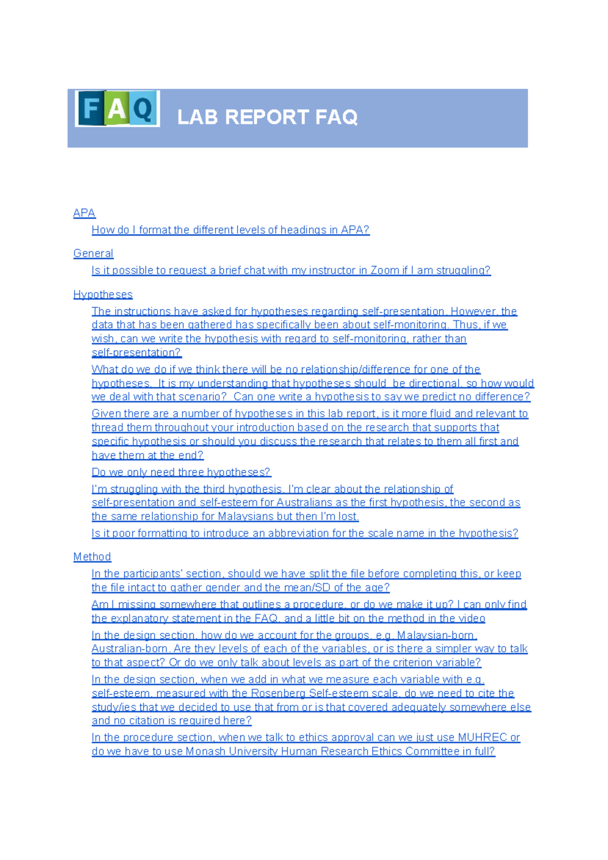 PSY4151 LAB Report FAQ - APA How do I format the different levels of ...
