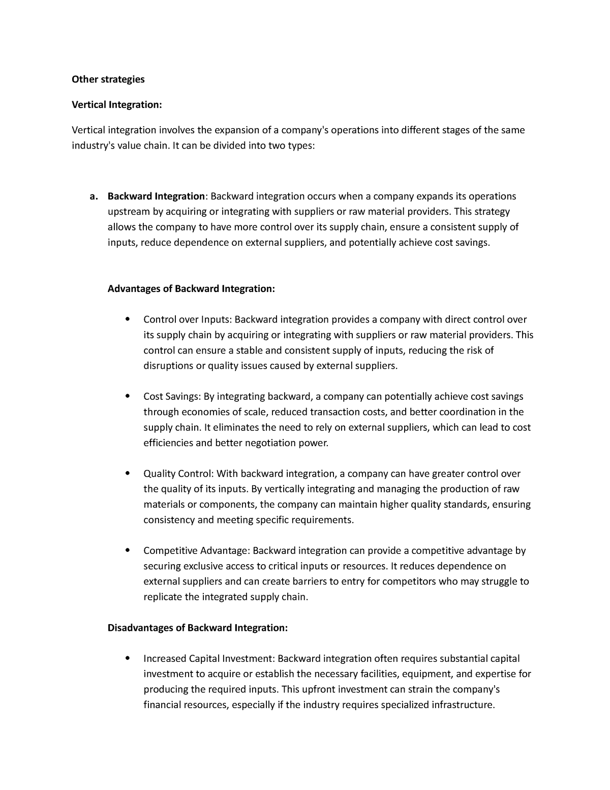 Other strategies - Other strategies Vertical Integration: Vertical ...