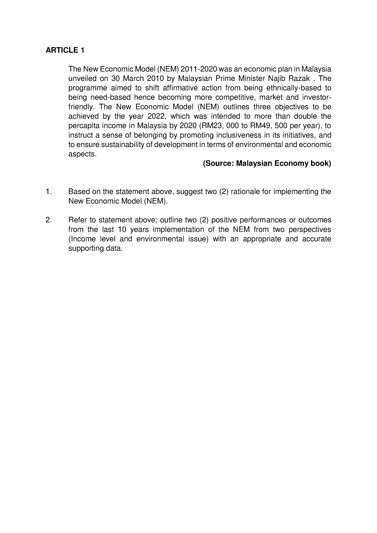 Individual Assignment Eco261 Oct Feb 2023 Article 1 The New Economic Model Nem 2011 2020 Was 3518