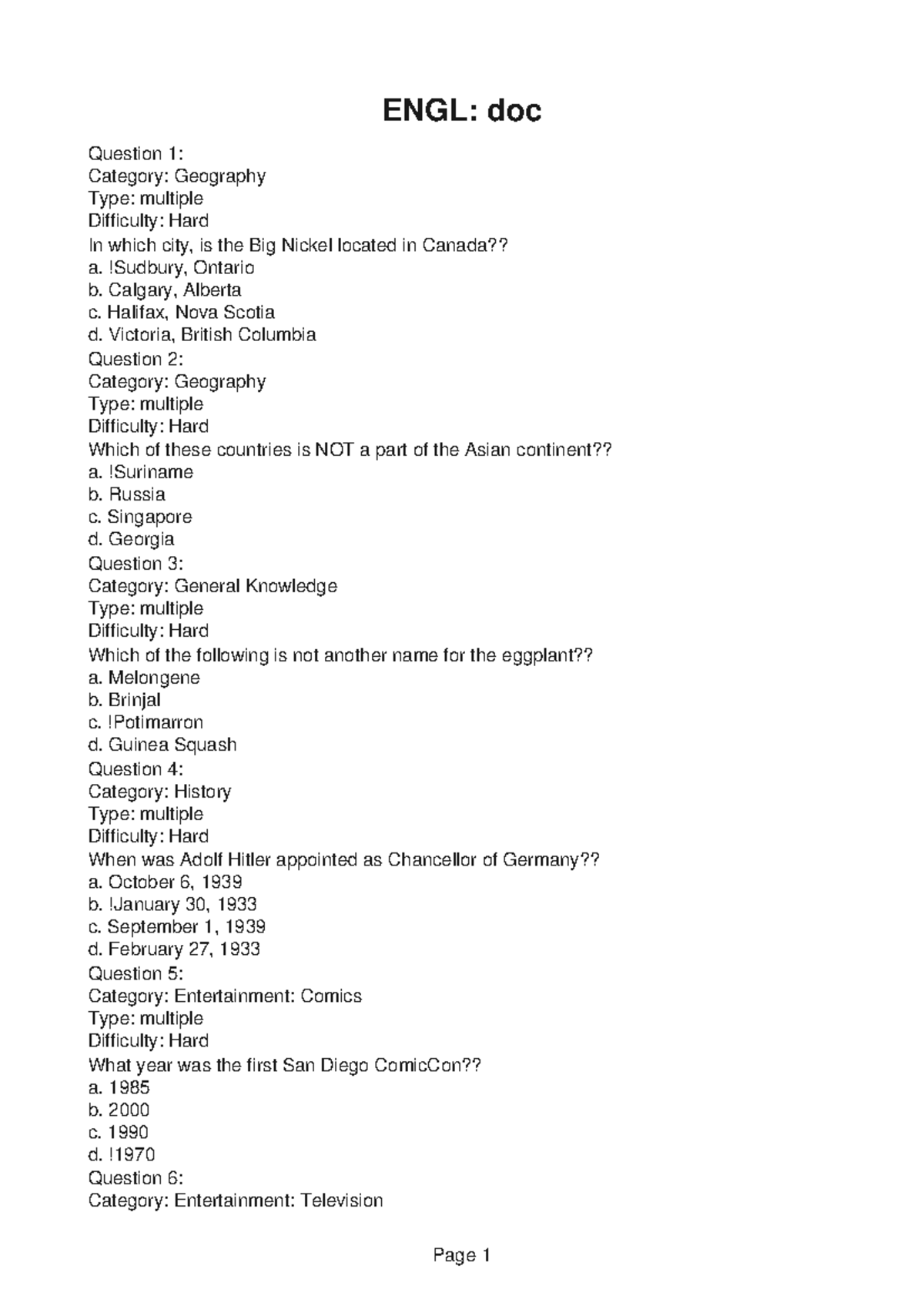 ENGL211 Module 5 - ENGL: doc Question 1: Category: Geography Type ...