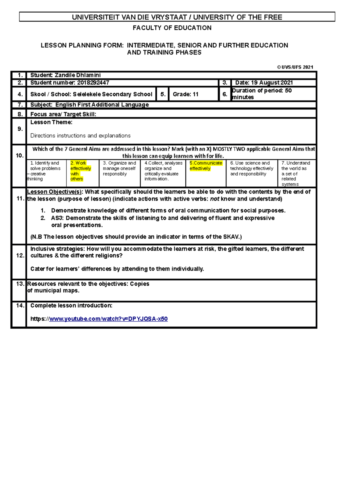 2+lesson+plans - lemme - UNIVERSITEIT VAN DIE VRYSTAAT / UNIVERSITY OF ...