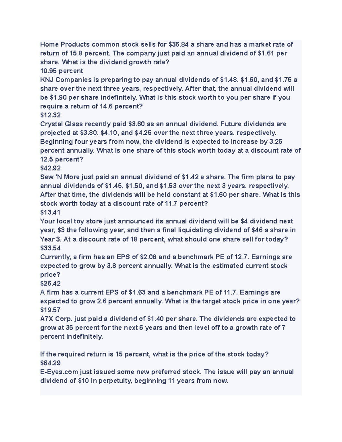 Stock Dividend Growth Rate and Valuation Studocu