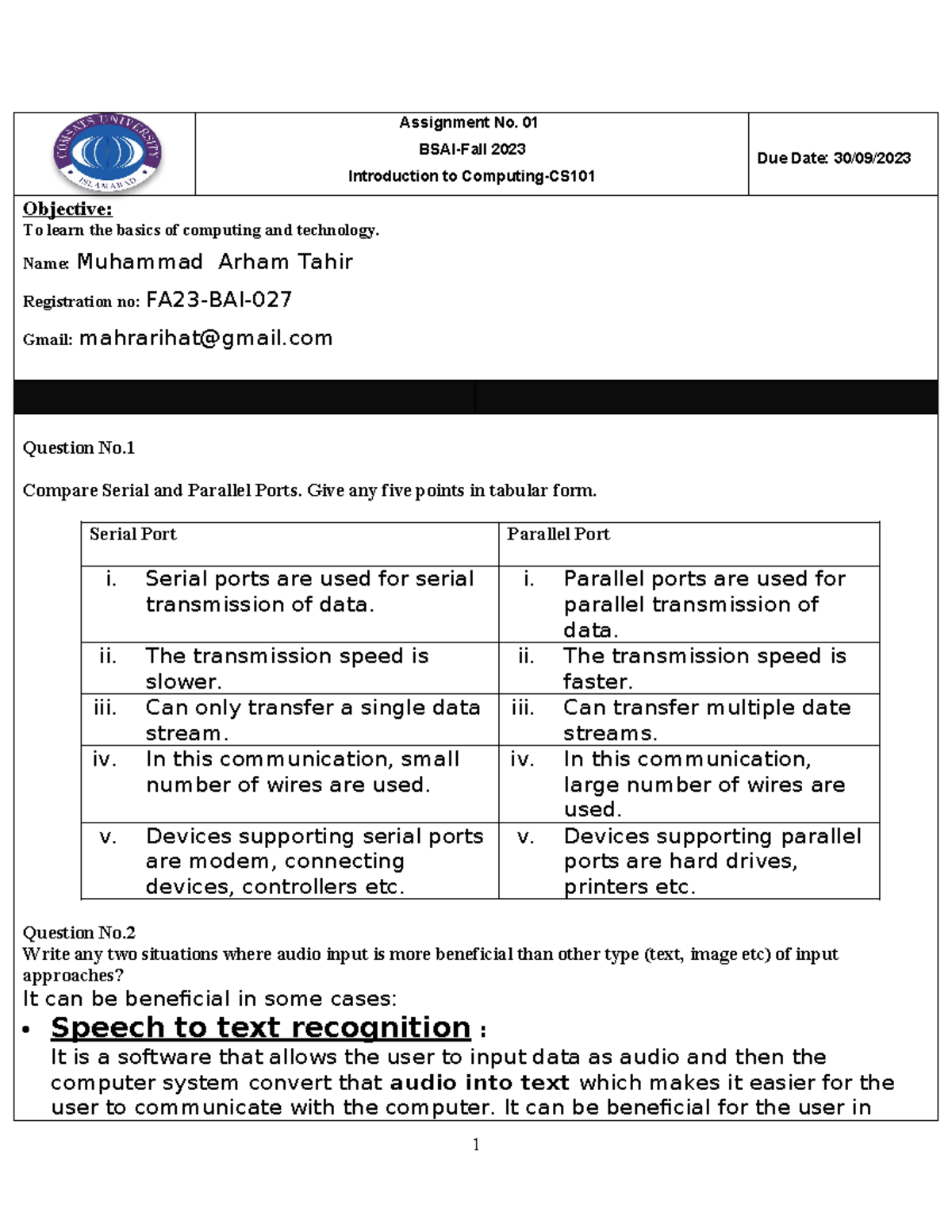 Ict class assignment L1 - Assignment No. 01 BSAI-Fall 2023 Introduction ...