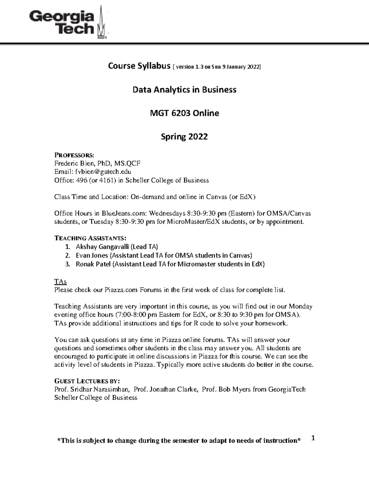 Syllabus V1.3 Spring 2022 MGT6203 Data Analytics - 1 Course Syllabus ...