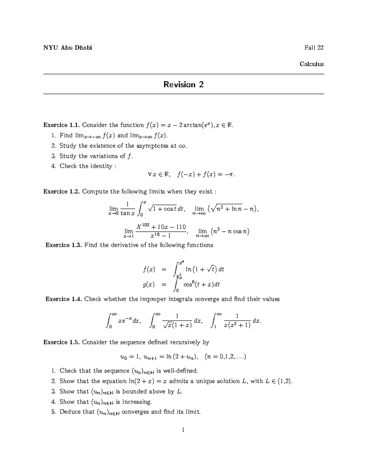 Revision 2 - Practice - NYU Abu Dhabi Fall 22 Calculus Revision 2 ...