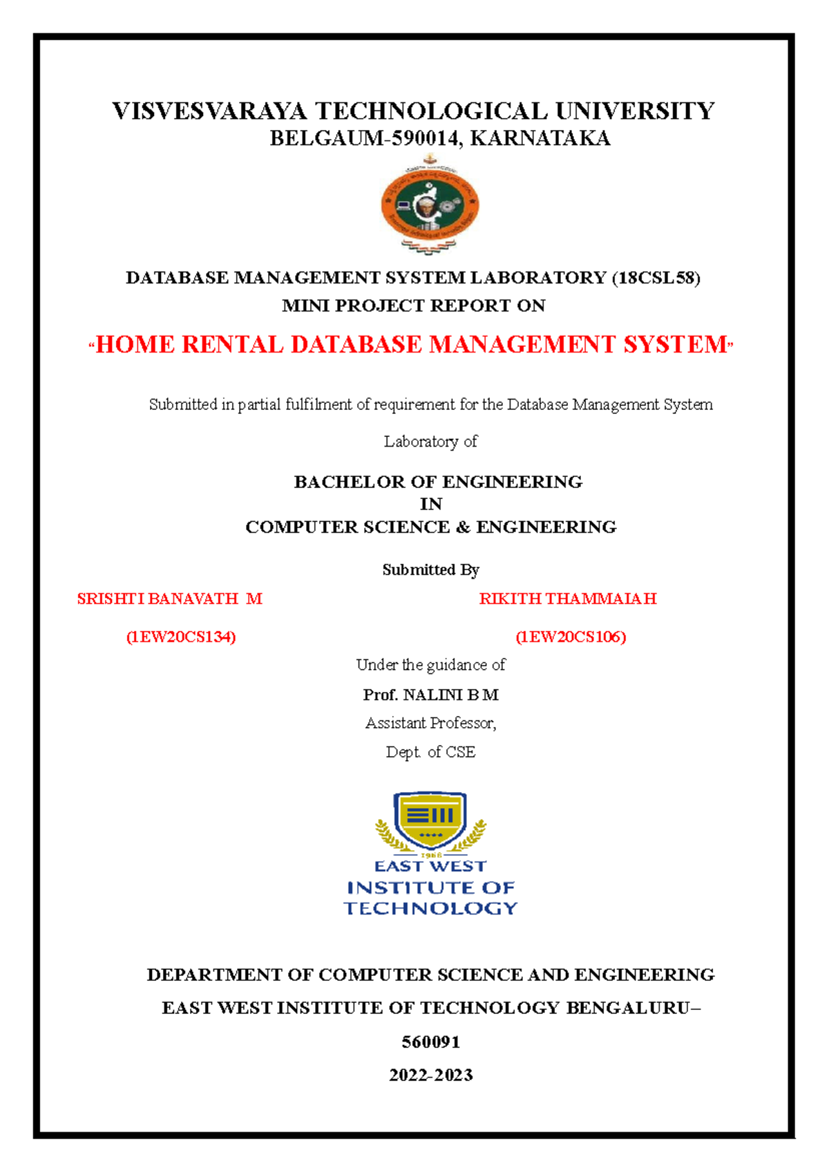 Home Rental Database Management System 1 - VISVESVARAYA TECHNOLOGICAL ...