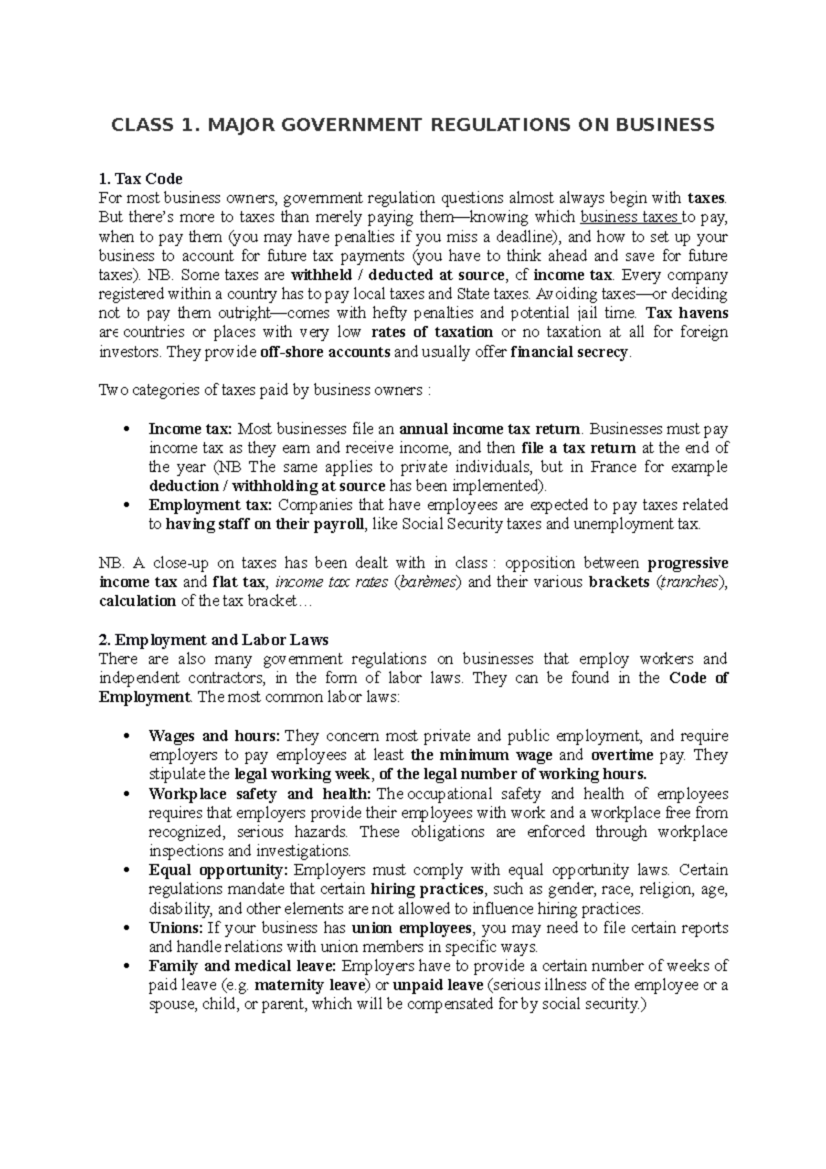 Major regulations on business, part 1 CLASS 1. MAJOR GOVERNMENT REGULATIONS ON BUSINESS Tax