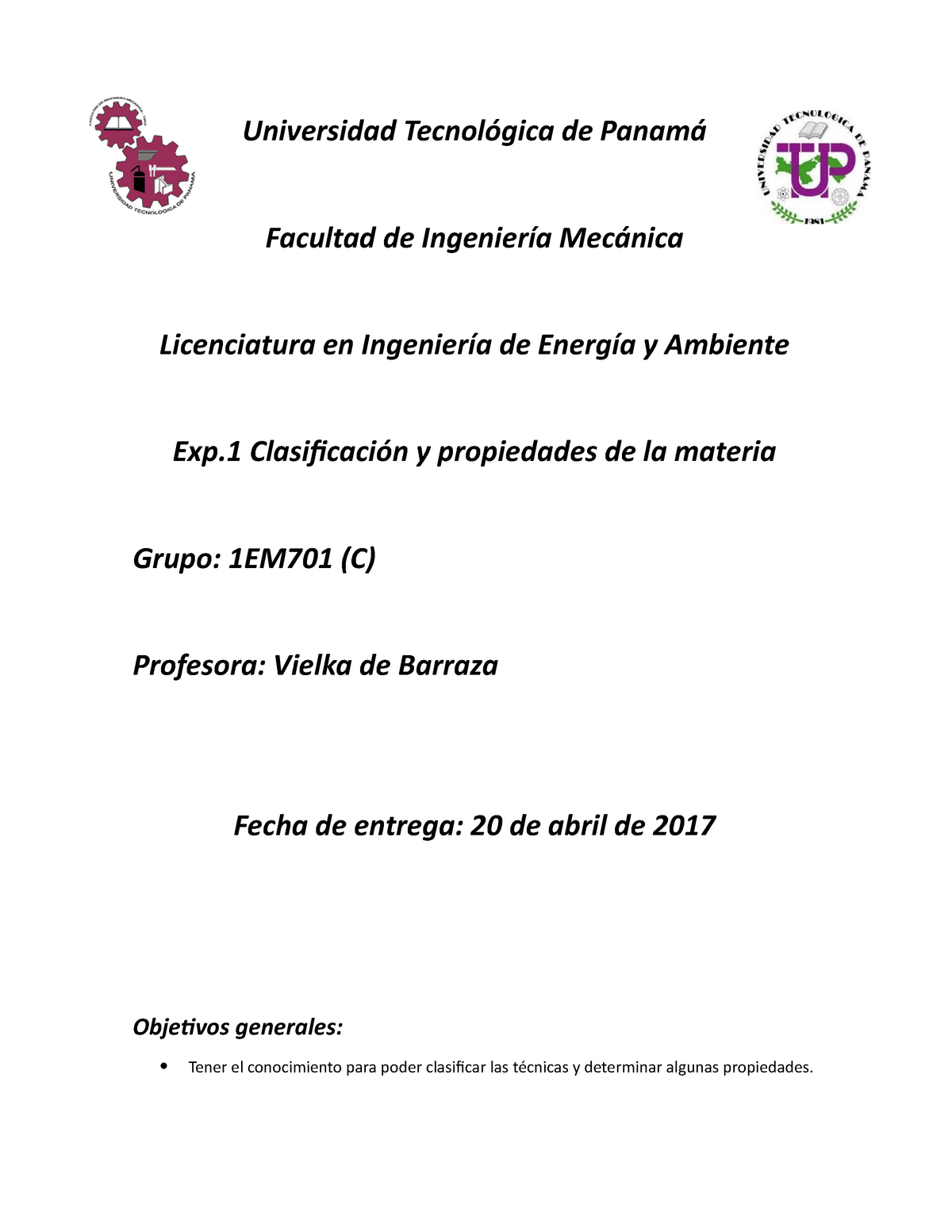 Lab1 quimica general - Universidad Tecnológica de Panamá Facultad de  Ingeniería Mecánica - Studocu