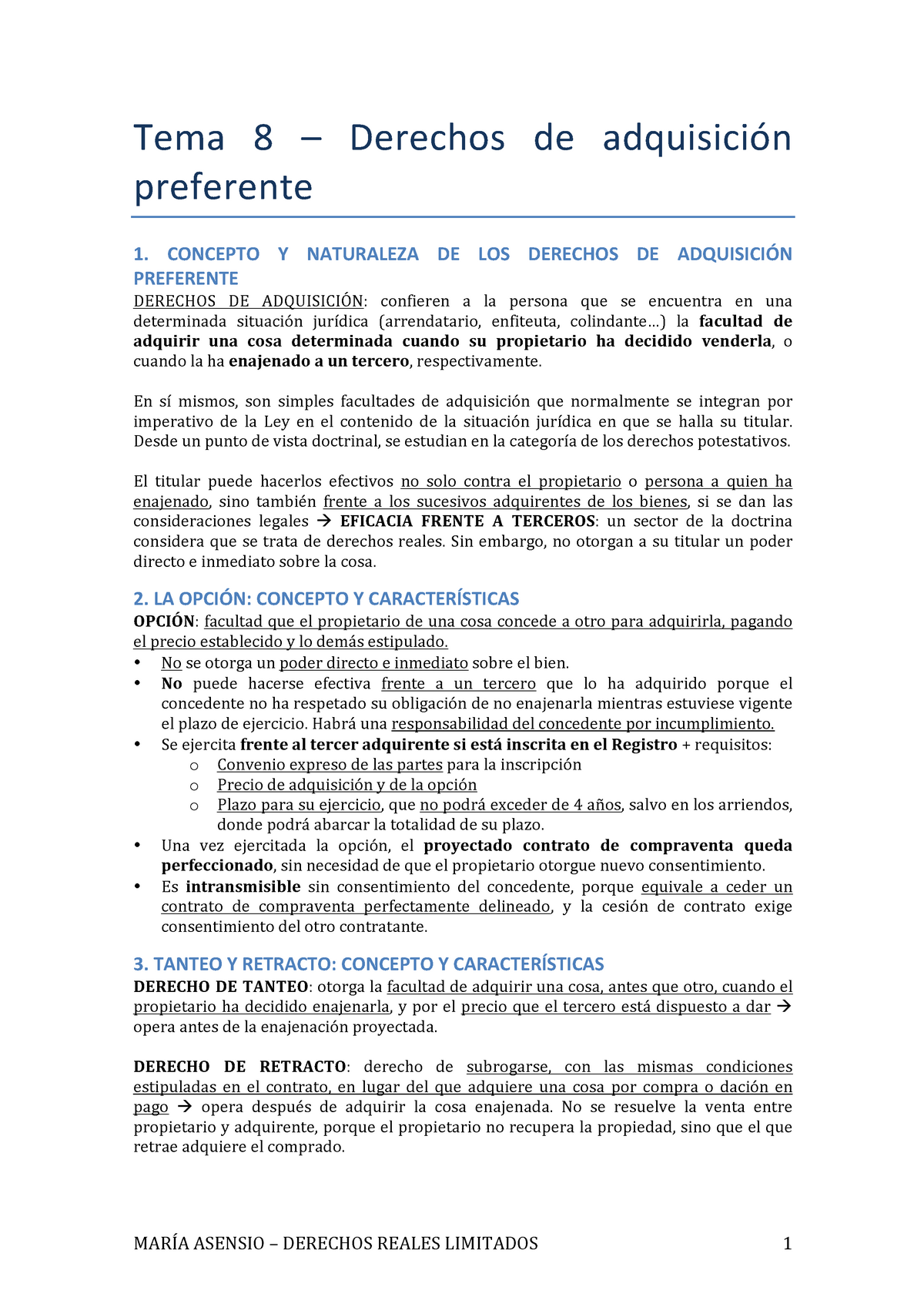 Tema 8 Derechos De Adquisición Preferente MarÍa Asensio Derechos Reales Limitados 1 Tema 8 4866