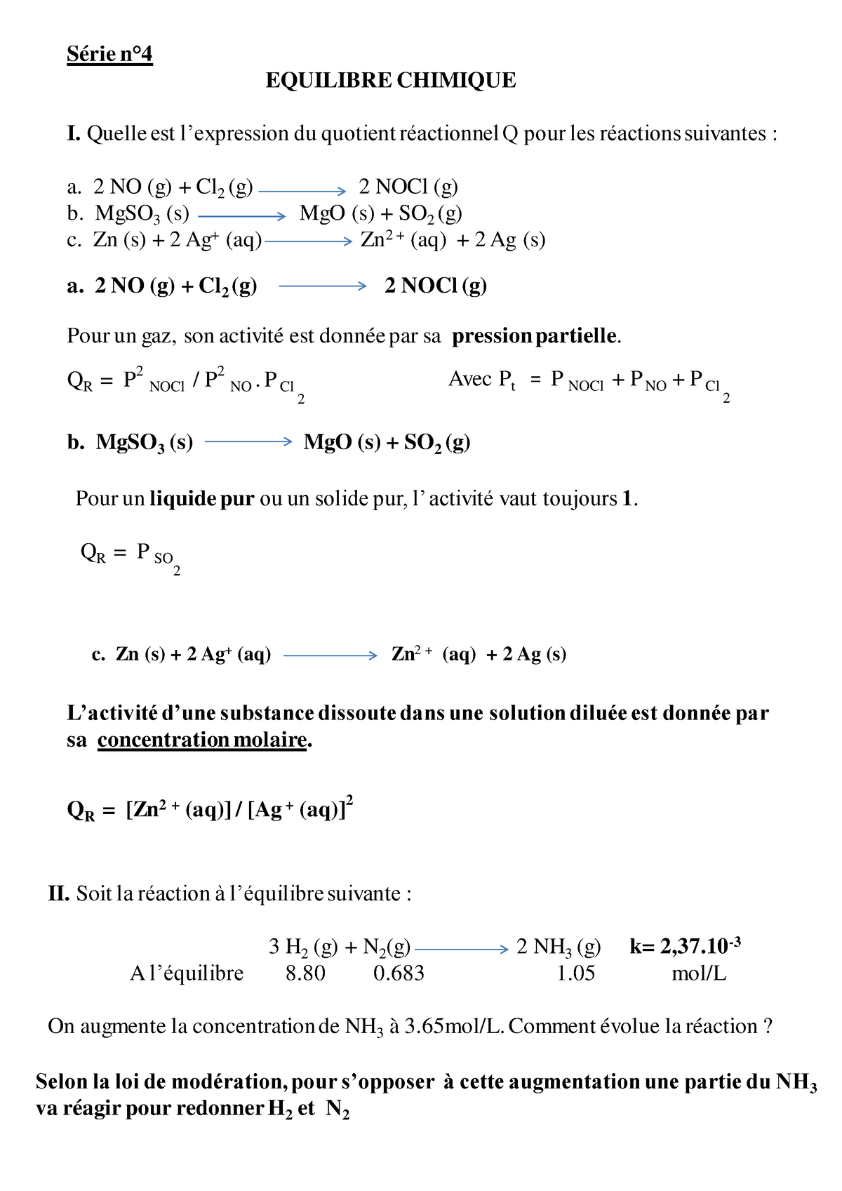 Correction TD 4 Thermodynamique - Série N° 4 EQUILIBRE CHIMIQUE I ...