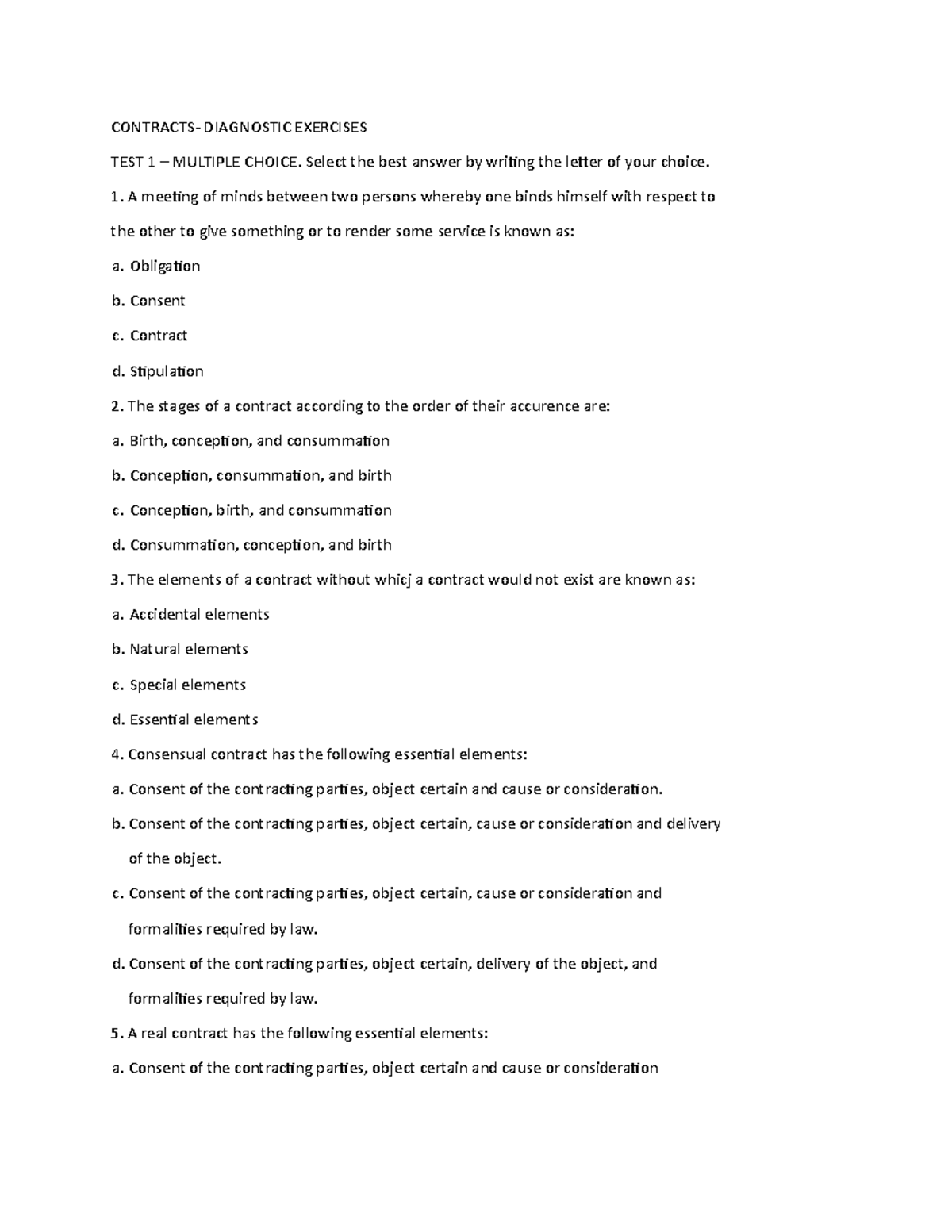 Contracts LAW 1 80 - to study - CONTRACTS- DIAGNOSTIC EXERCISES TEST 1 ...