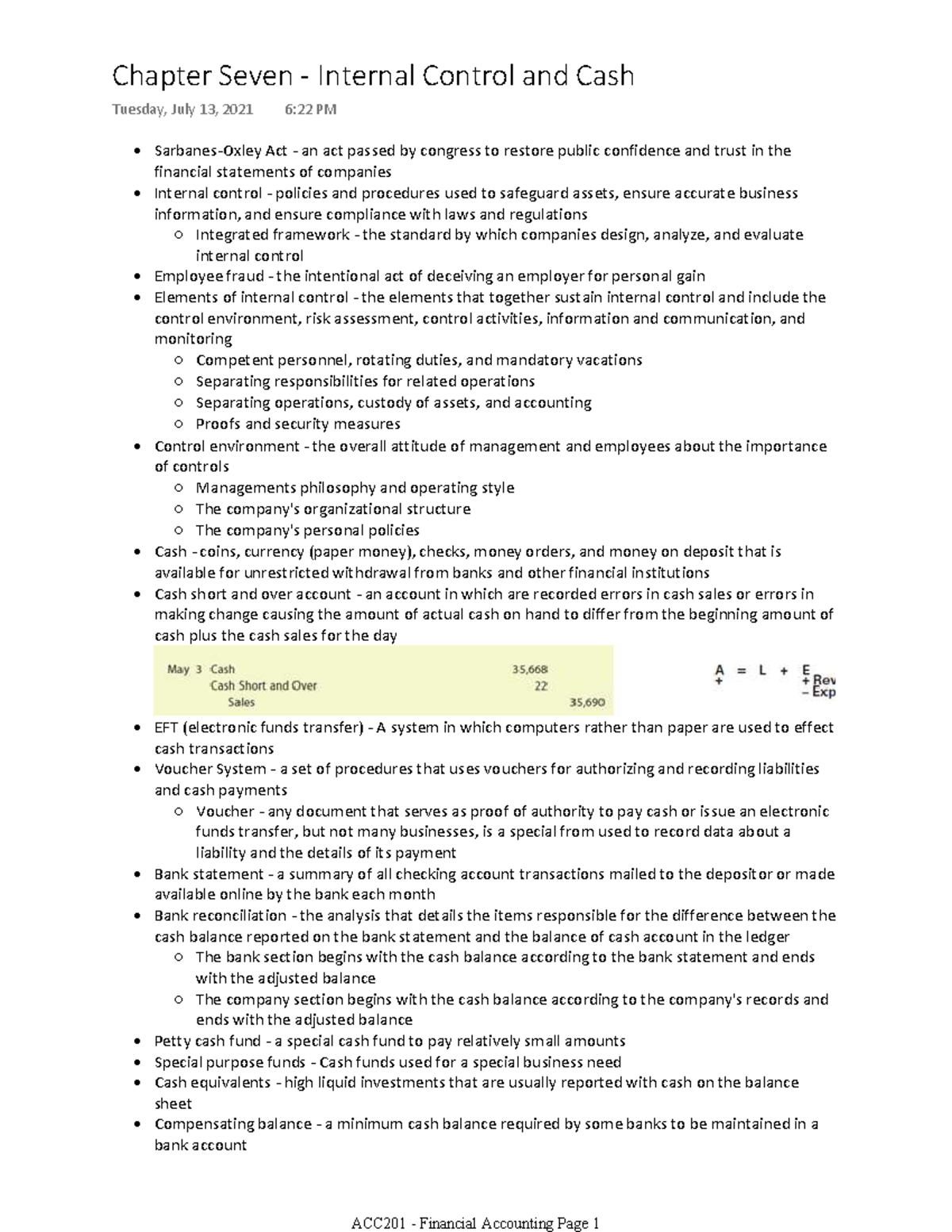 ACC201 CH7 - Chapter Seven - Internal Control and Cash Textbook Notes ...