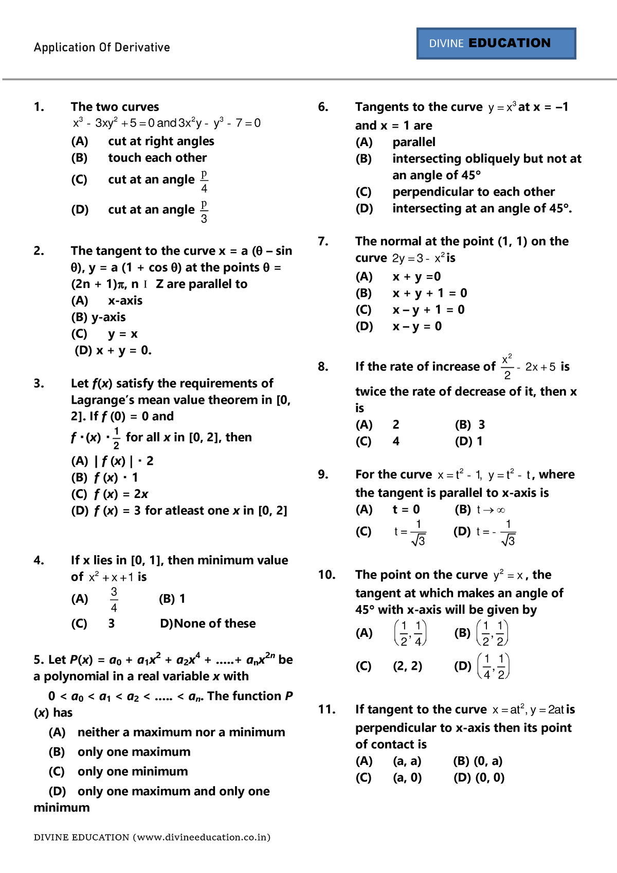 Test Application Of derivative 1 - Application Of Derivative DIVINE ...