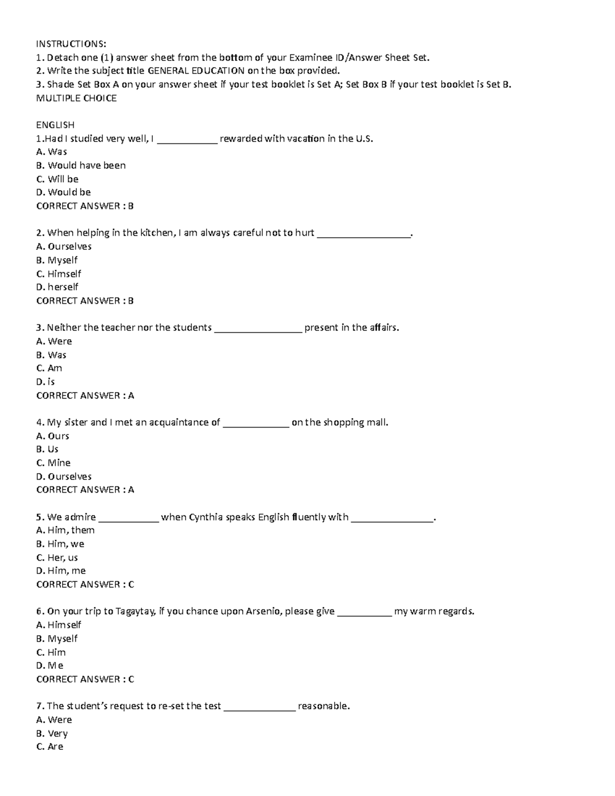 Gen Ed-English-Drill 1 - INSTRUCTIONS: Detach one (1) answer sheet from ...