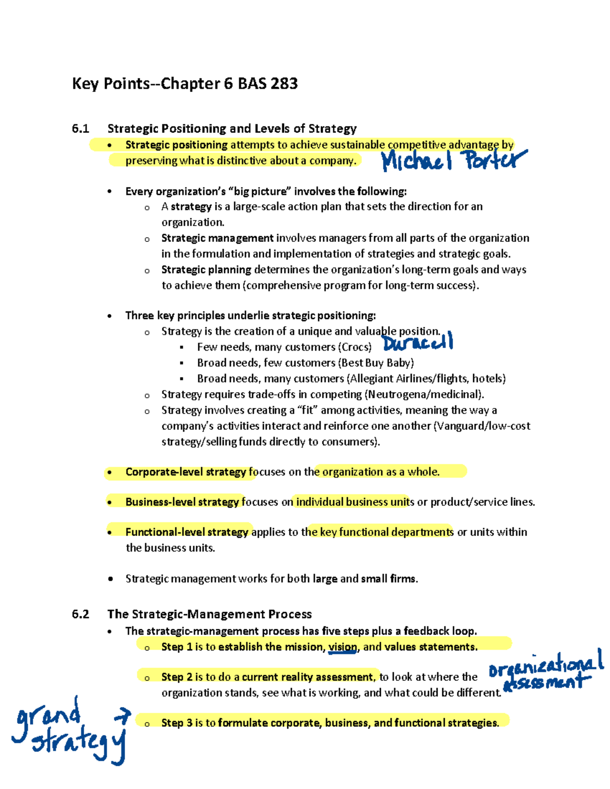 Key Points Chapter 6 BAS 283 - Key Points-Chapter 6 BAS 283 6 Strategic ...