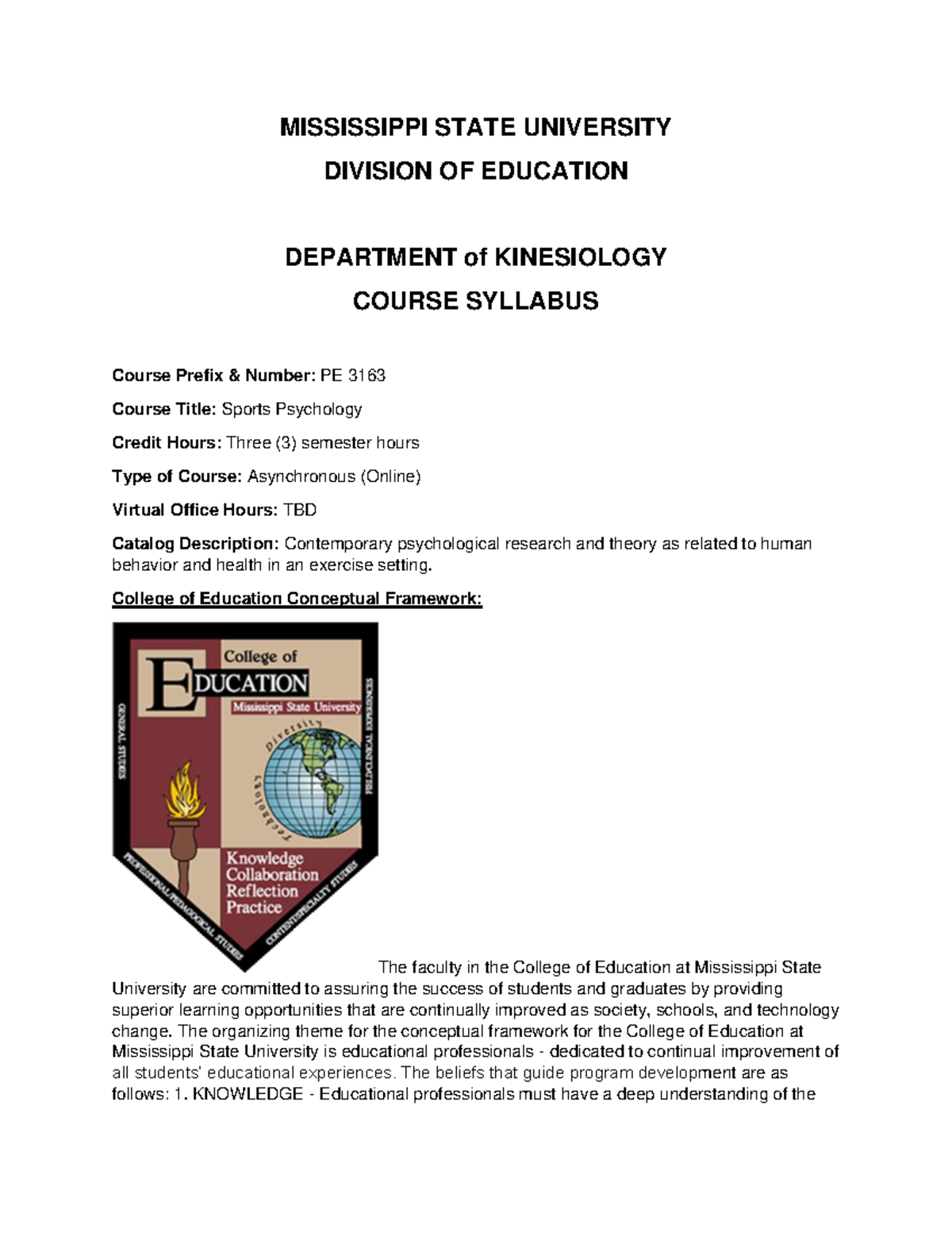 PE3163 Syllabus 2023 MISSISSIPPI STATE UNIVERSITY DIVISION OF EDUCATION DEPARTMENT of