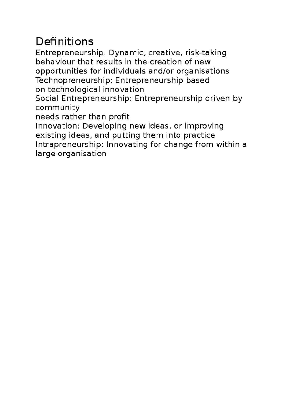 Definitions - Definitions Entrepreneurship: Dynamic, creative, risk ...