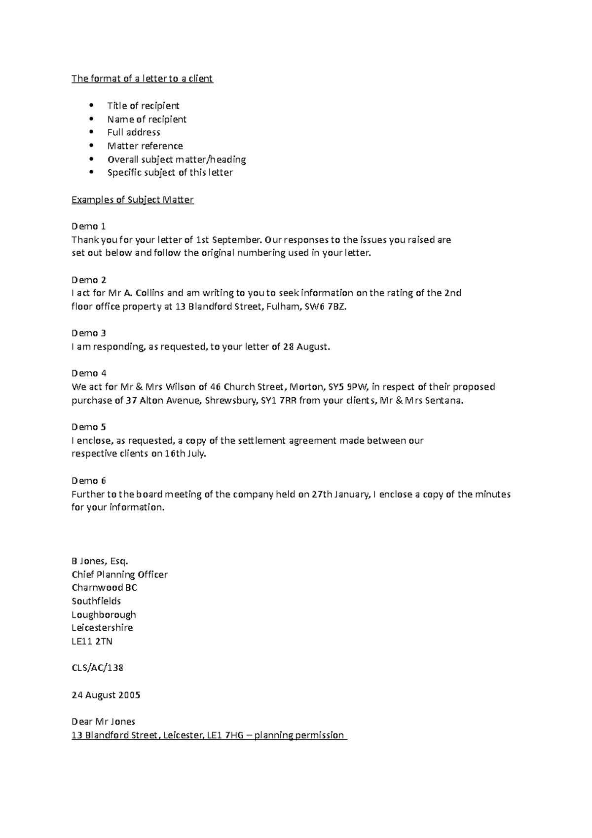 Legal Writing Prep Task (002) - The format of a letter to a client ...