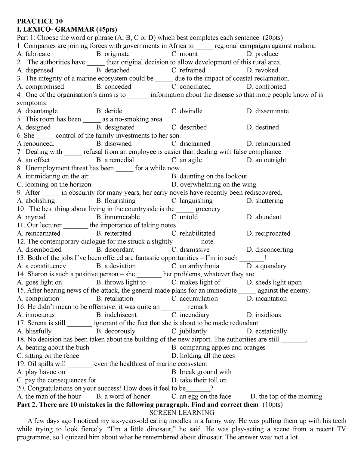 Practice 10- HS - grammar - PRACTICE 10 I. LEXICO- GRAMMAR (45pts) Part ...