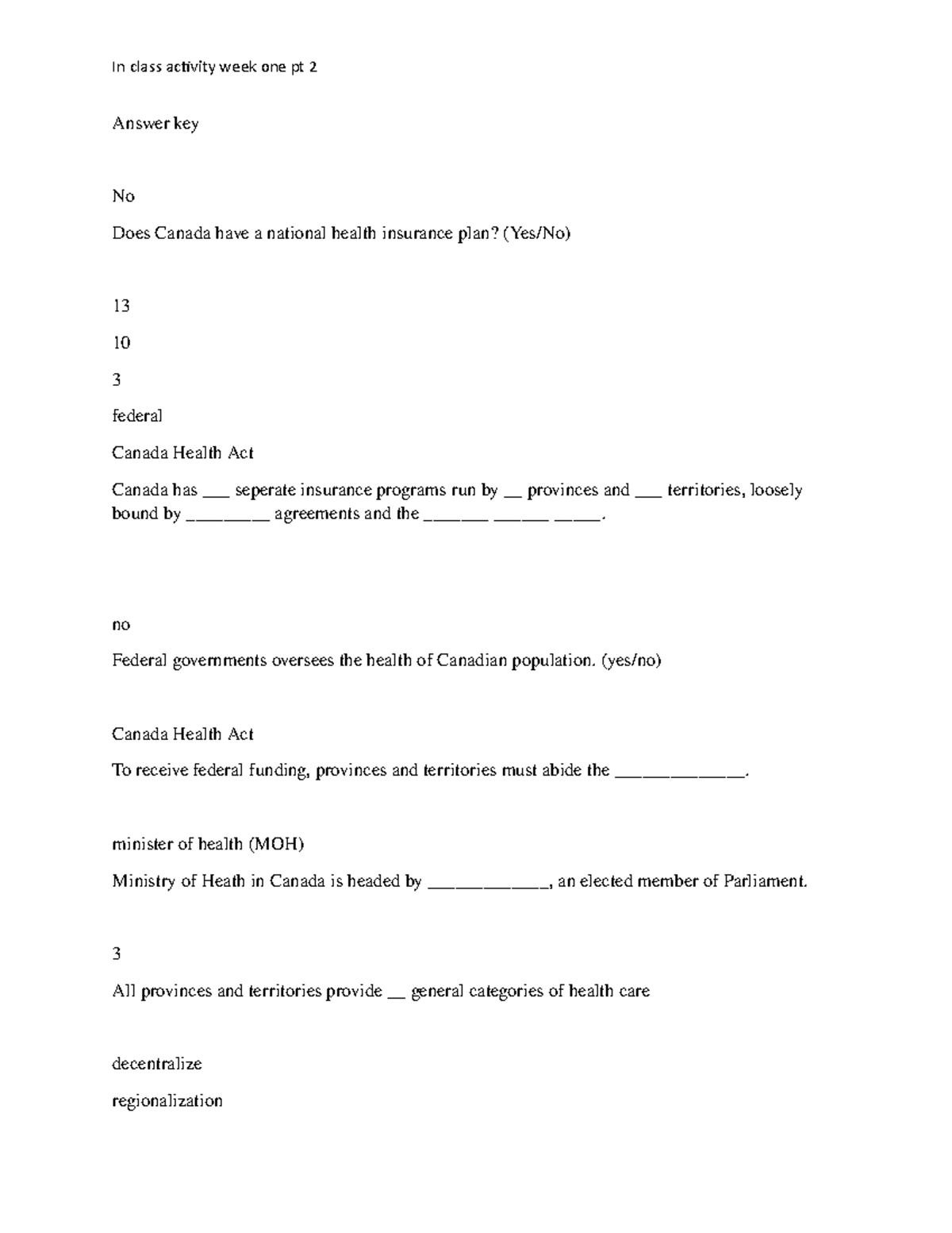 In Class Activity Pt 2 Answer Key Answer Key No Does Canada Have A