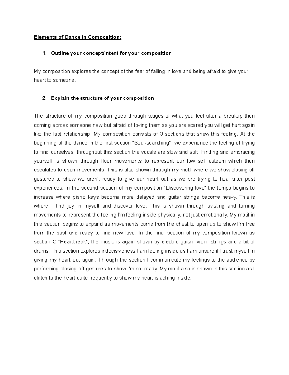Elements of Dance in Composition - Outline your concept/intent for your ...