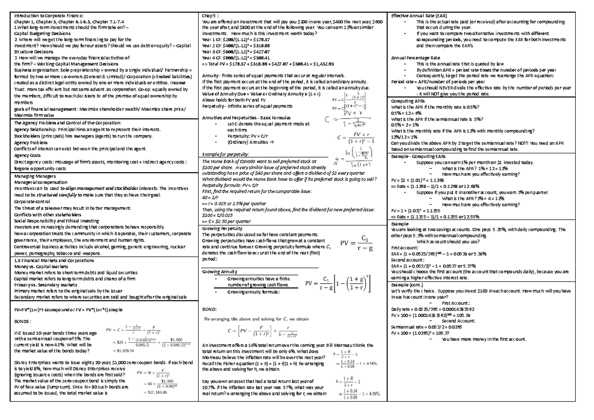 Midterm intro to finance cheat sheet - IntroducƟon to Corporate Finance ...