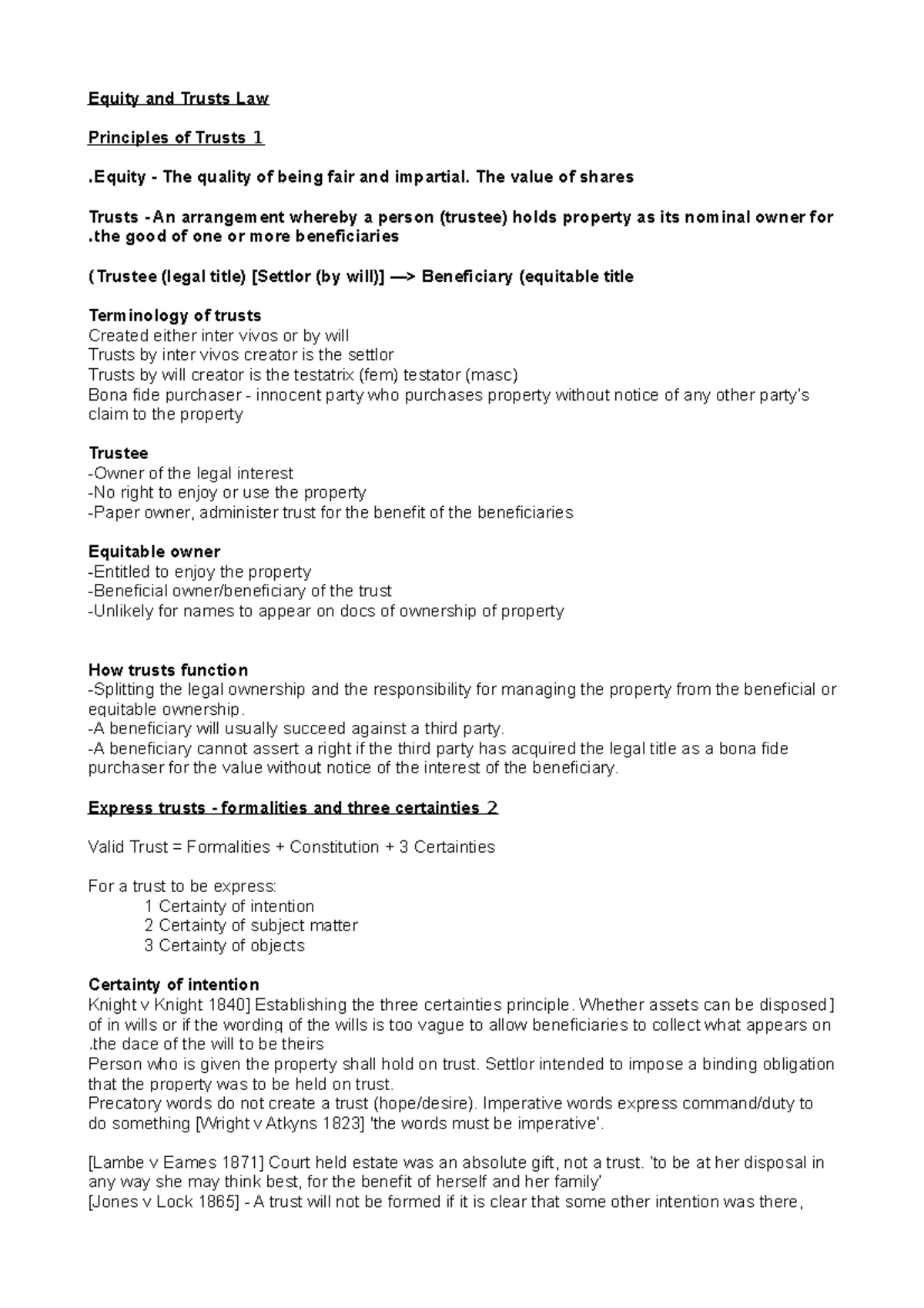 Equity and Trusts Law Revision Notes - Equity and Trusts Law Principles ...
