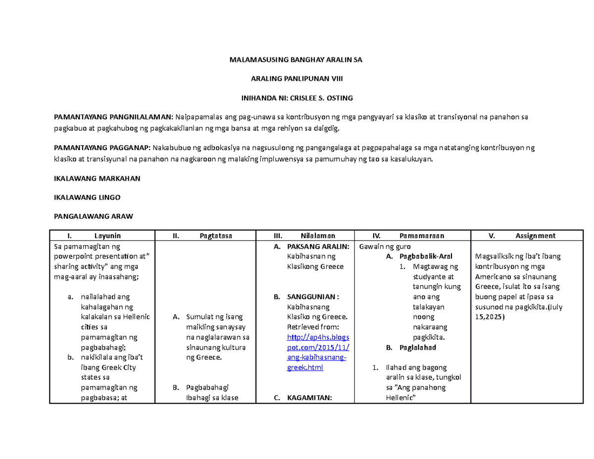 Final-lesson-plan - Notes - MALAMASUSING BANGHAY ARALIN SA ARALING ...