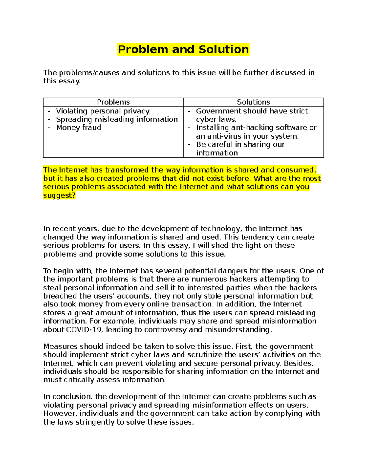 Problem and Solution - essay - Problem and Solution The problems/causes ...