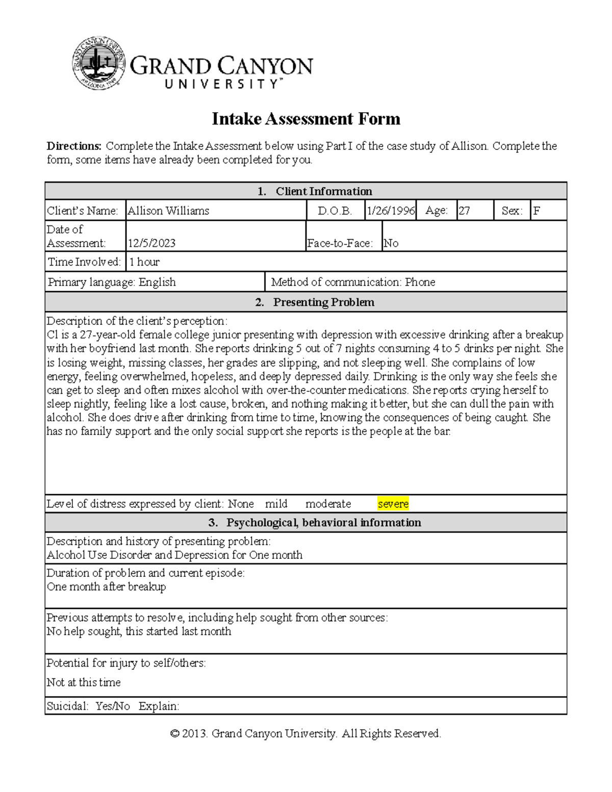 PCN255 - Case Management - Intake Assessment Form Directions: Complete