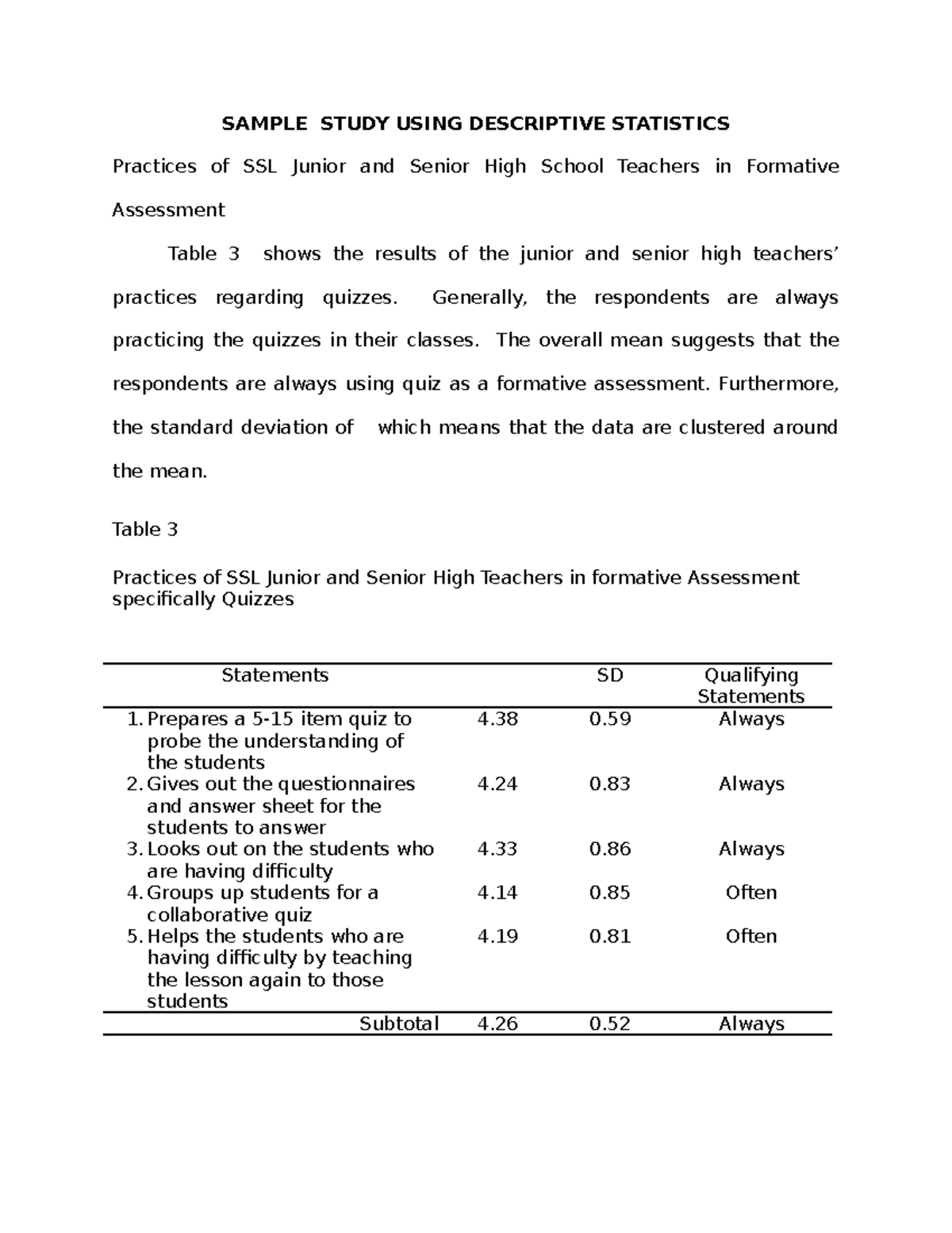 Sample Study Using Descriptive Statistics - SAMPLE STUDY USING ...