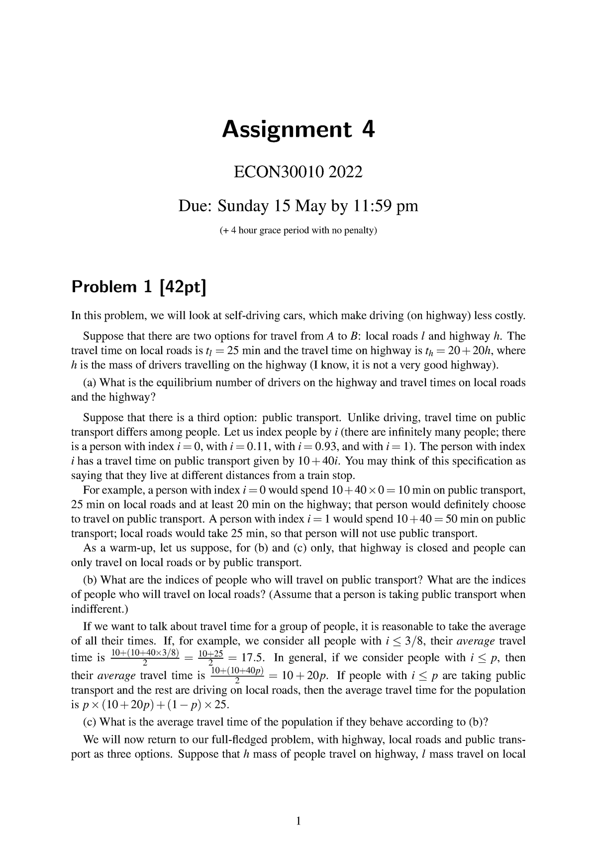 Microeconomics Assignment 4 2022 Questions - Assignment 4 ECON30010 ...