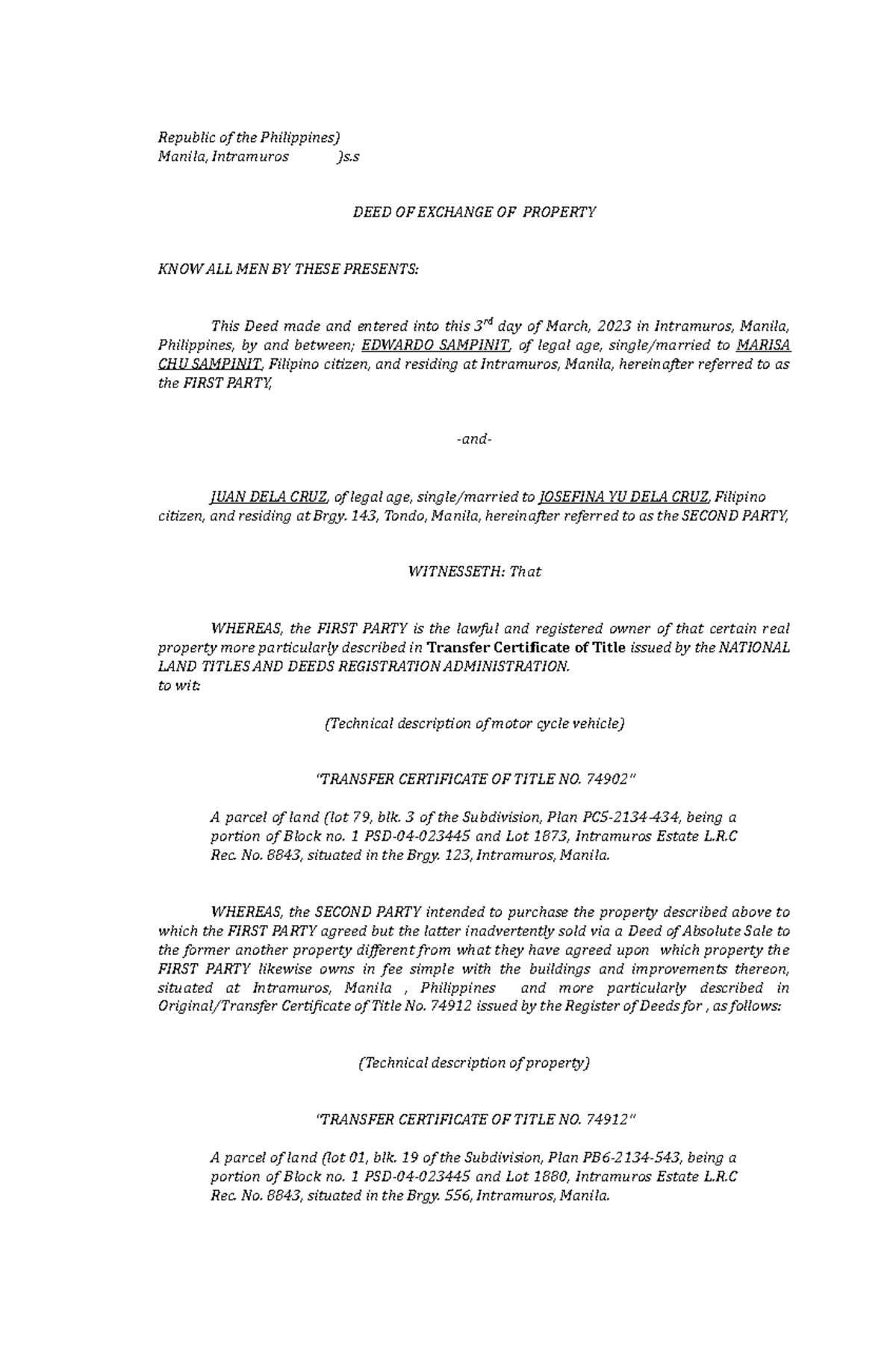 DEED OF Exchange OF Property Republic of the Philippines) Manila