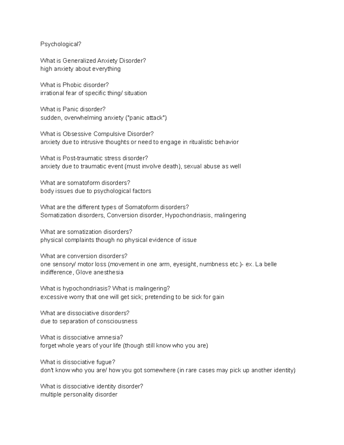 final exam prep notes - Psychological? What is Generalized Anxiety ...